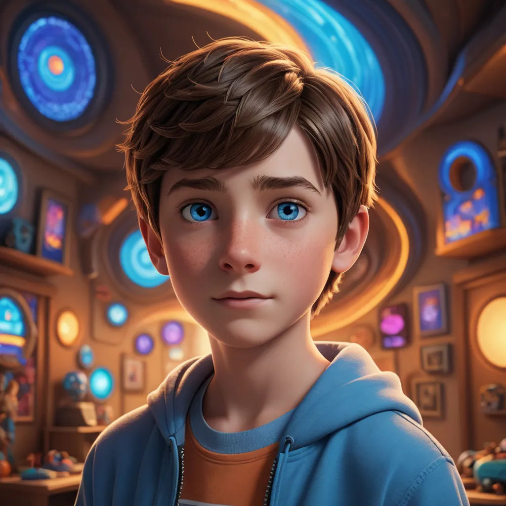 a boy with blue eyes and a blue hoodie in a room with lights and a ceiling of blue circles, sots art, poster art, Aaron Jasinski, cgstudio