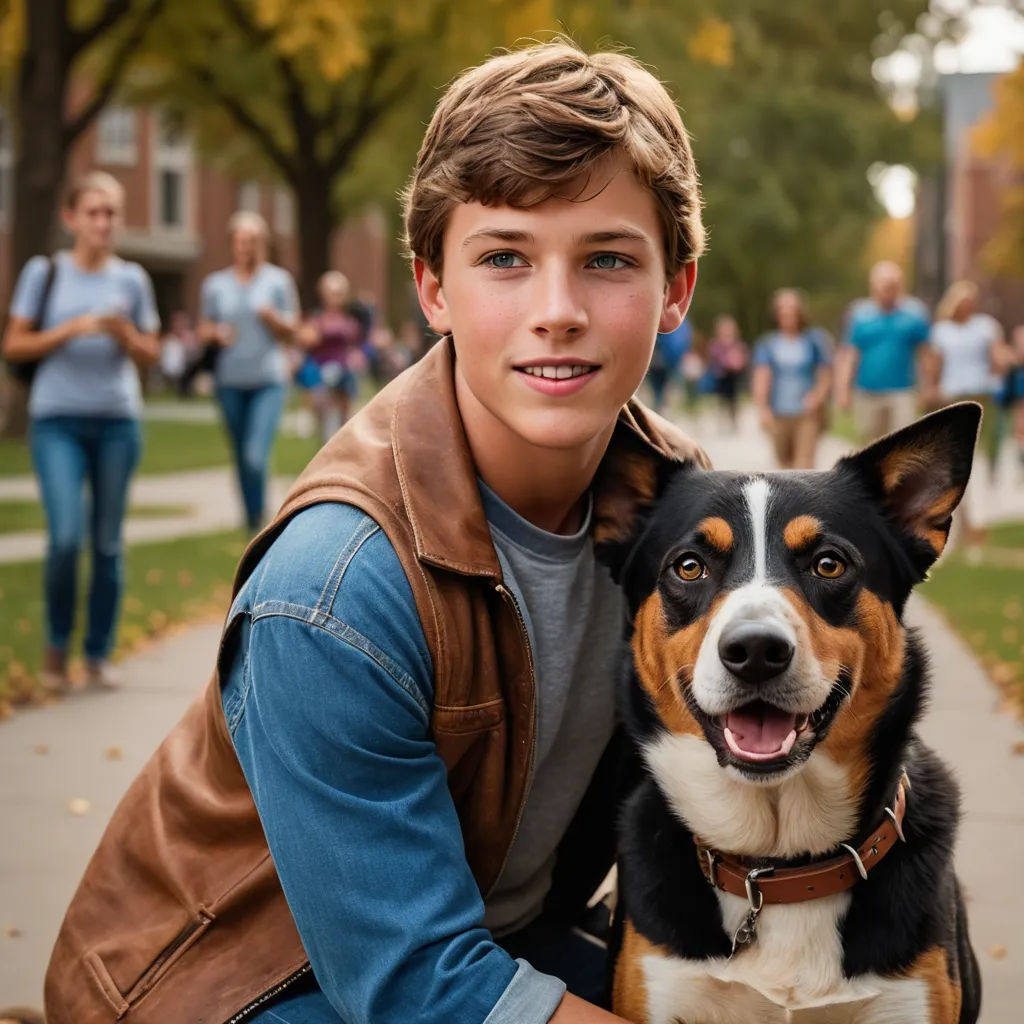 a boy and his dog are posing for a picture in front of a crowd of people on a sidewalk, furry art, a character portrait, Ben Zoeller, portrait photography