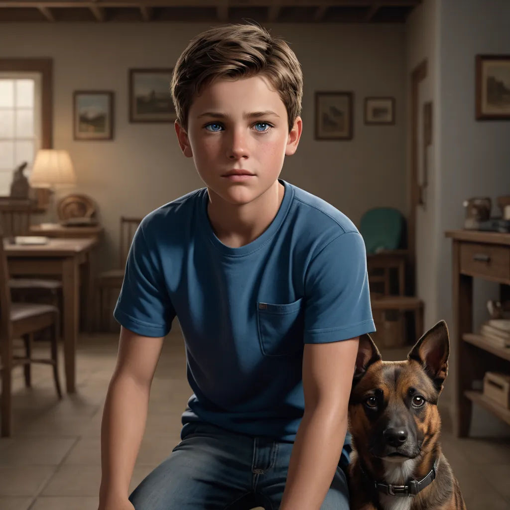 a boy and his dog are sitting in a room with a table and chairs in the background and a lamp on the floor, photorealism, a hyperrealistic painting, Adam Willaerts, promotional image