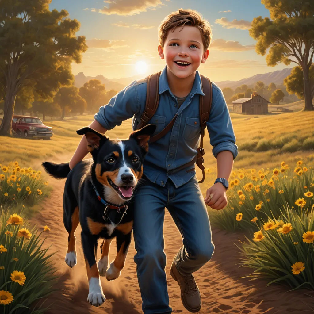a boy and his dog are running through a field of flowers and trees with a sunset in the background, american scene painting, poster art, Bob Byerley, key art