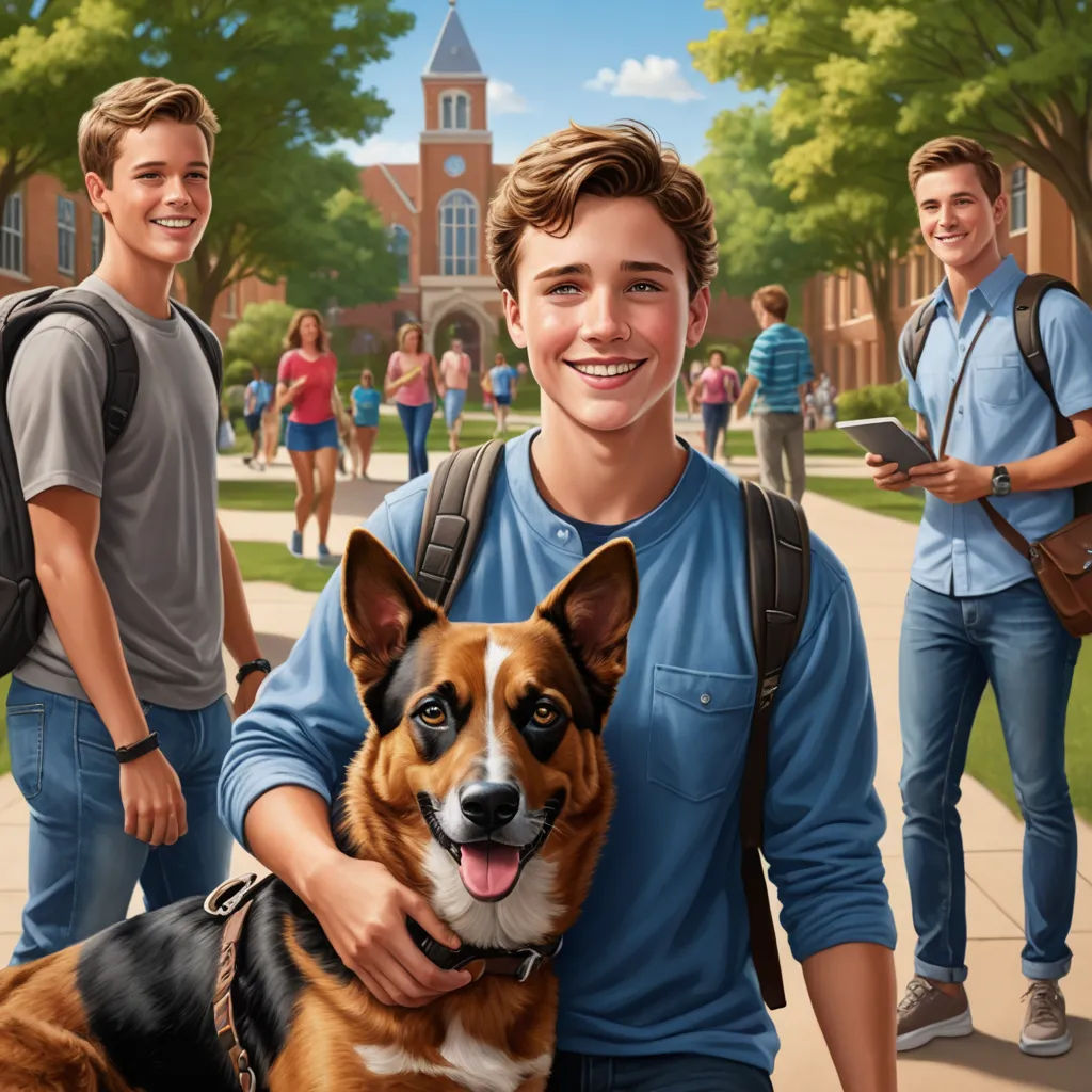 a boy is holding a dog in front of a painting of a boy and his dog on a college campus, sots art, a comic book panel, F Scott Hess, official art