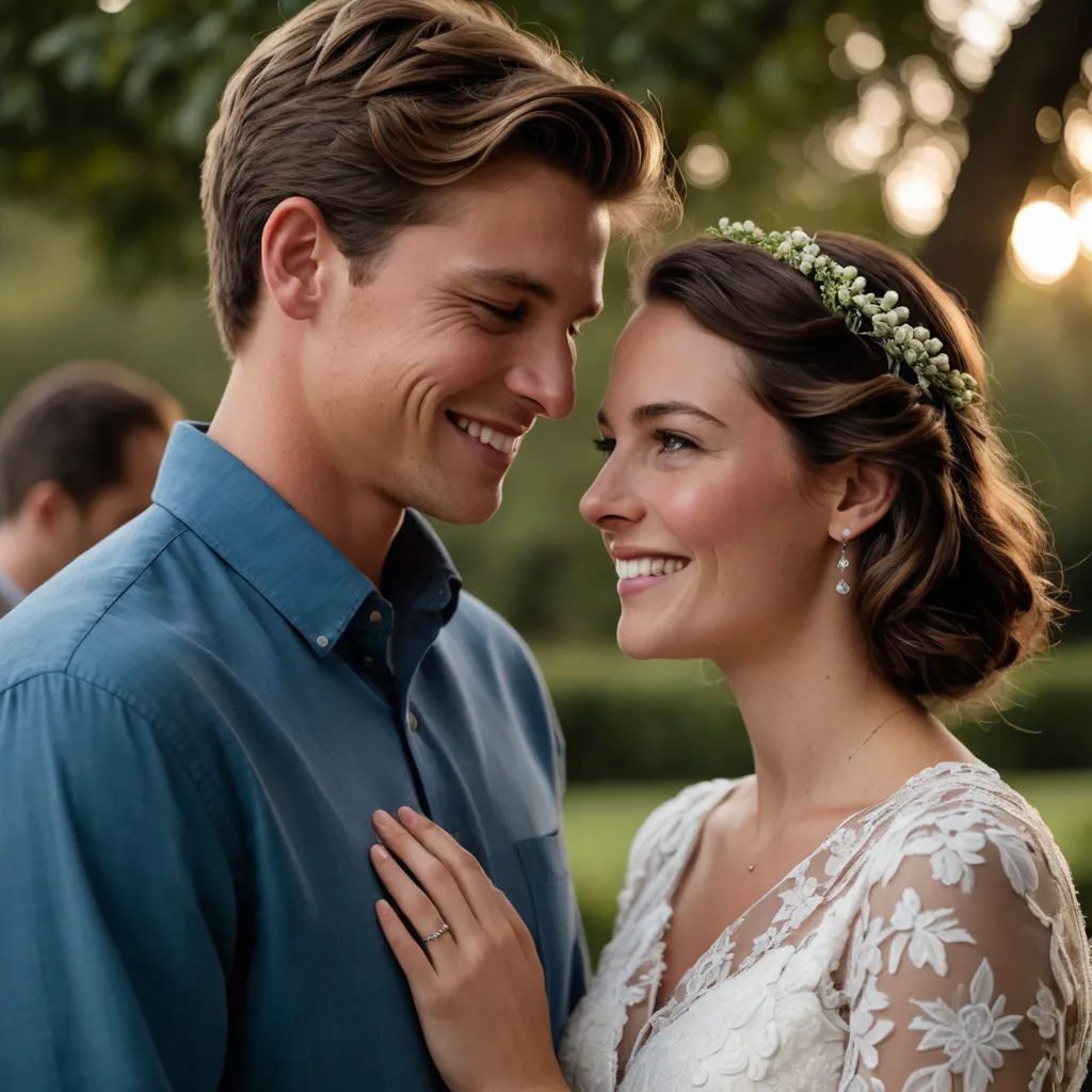a man and a woman are smiling together in a park at sunset or sunrise time, with a tree in the background, cloisonnism, a stock photo, Dave Melvin, promotional image