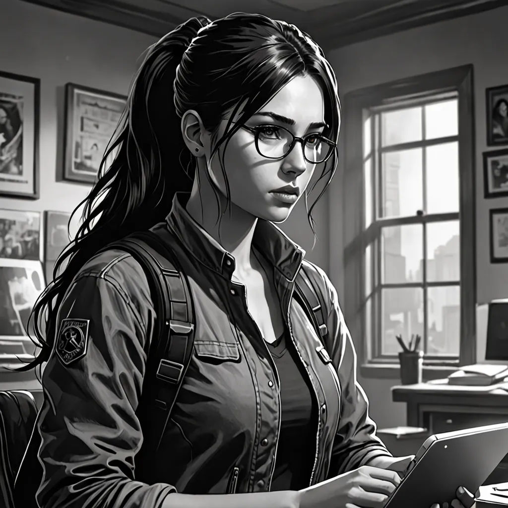 a woman in glasses is looking at a tablet computer in a room with pictures on the wall and a window, Artgerm, sots art, a comic book panel, comic cover art