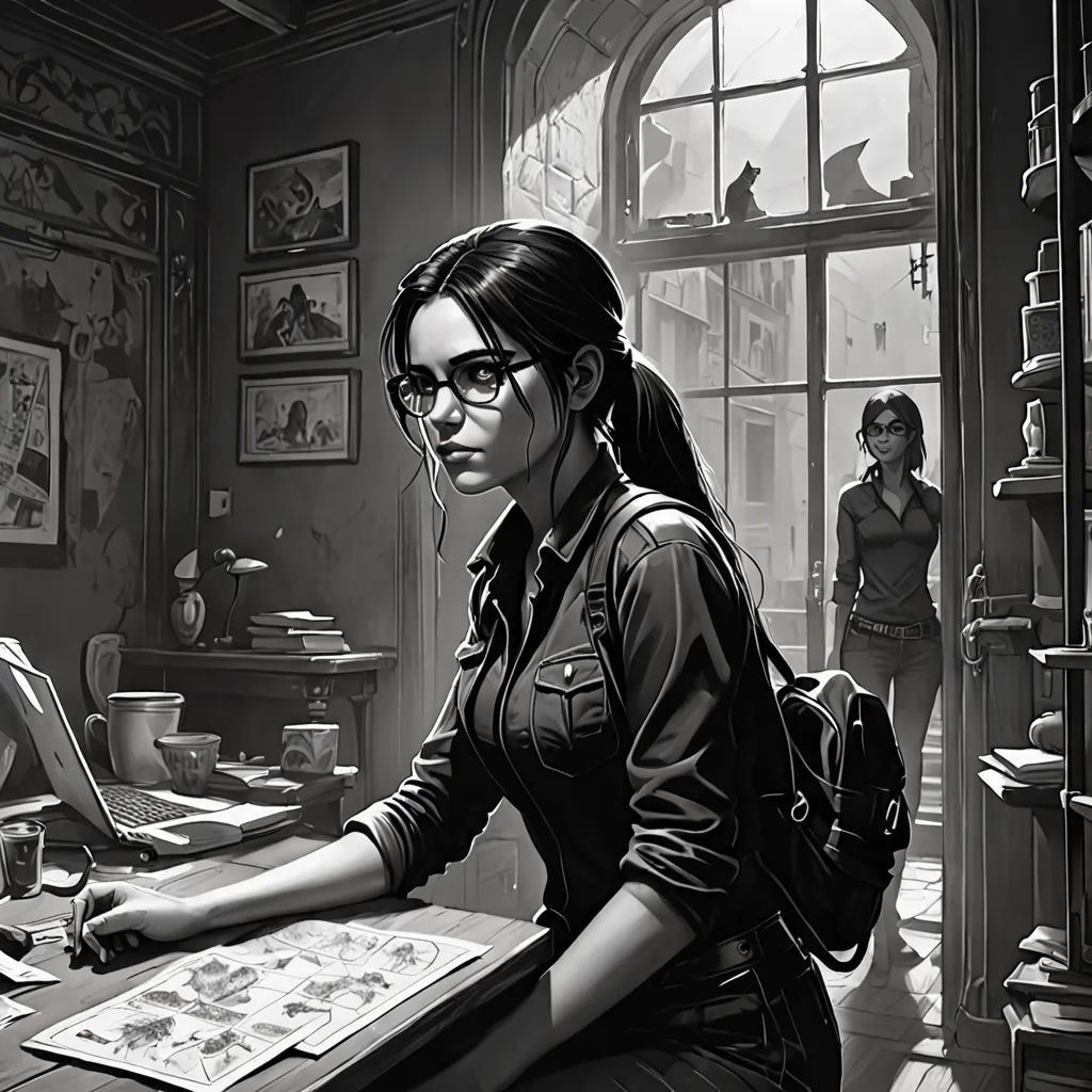 a woman sitting at a desk with a book and a cup of coffee in front of her and a man standing behind her, Cedric Peyravernay, modern european ink painting, an ultrafine detailed painting, stanley artgerm lau