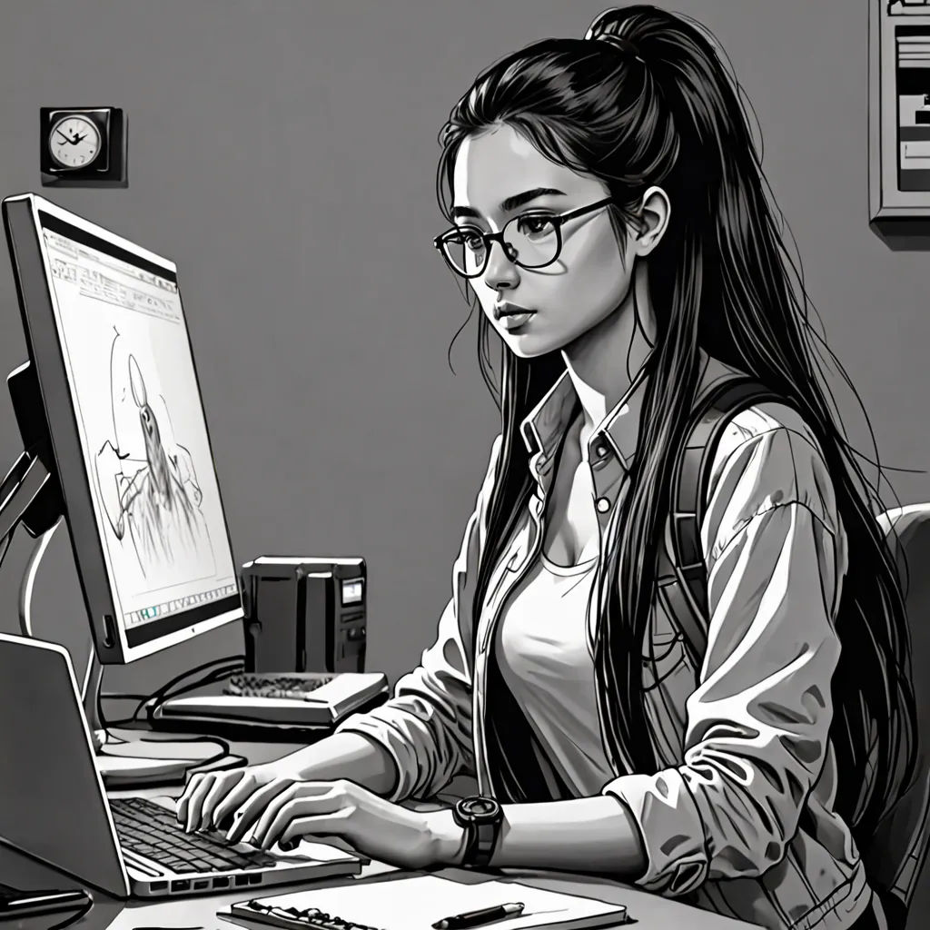 a woman sitting at a desk with a computer and a laptop computer on her desk, with a drawing of a woman in glasses, Artgerm, computer art, a comic book panel, comic cover art