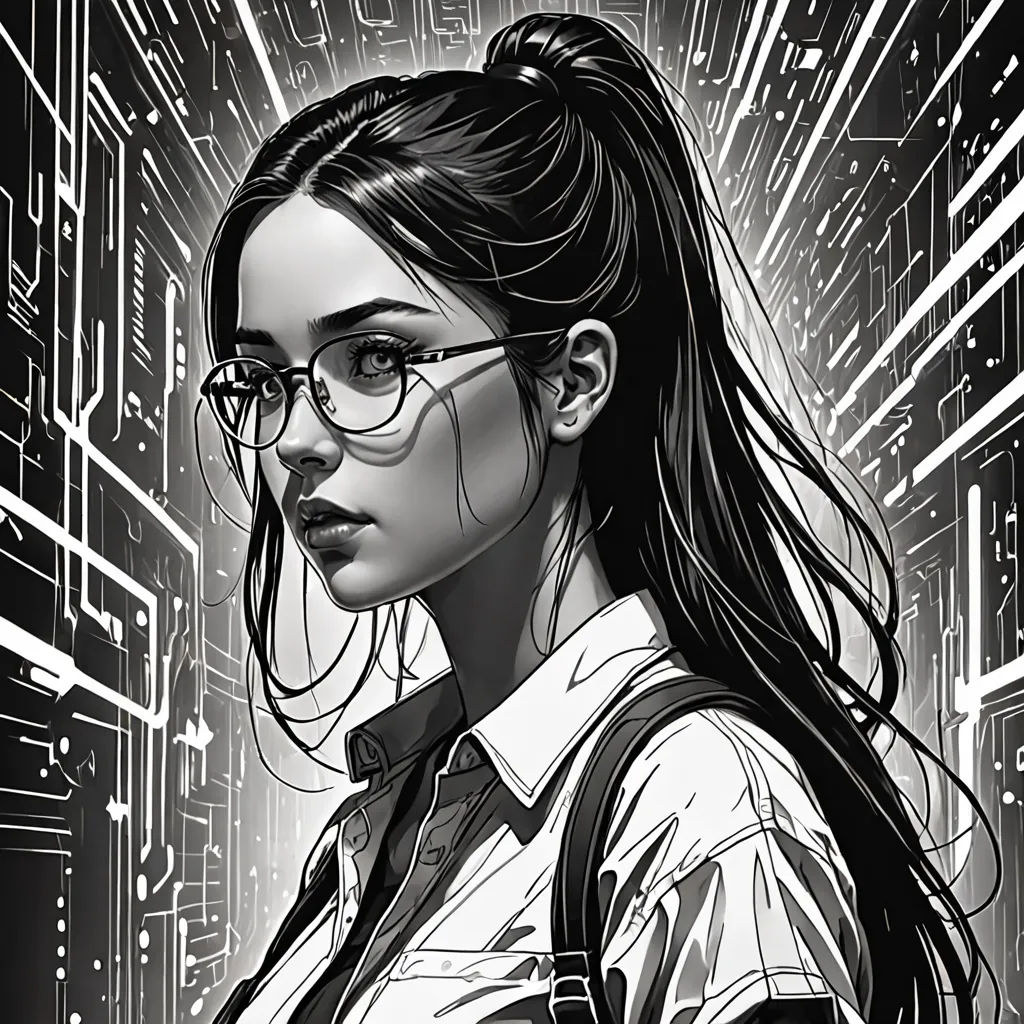 a woman with glasses and a backpack in a futuristic city with lines and dots on the background of the image, Artgerm, neo-figurative, cyberpunk art, stanley artgerm lau