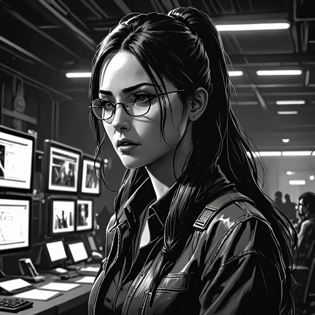 a woman in glasses is looking at a computer screen in a room with people on it and a lot of monitors, Artgerm, computer art, cyberpunk art, comic cover art