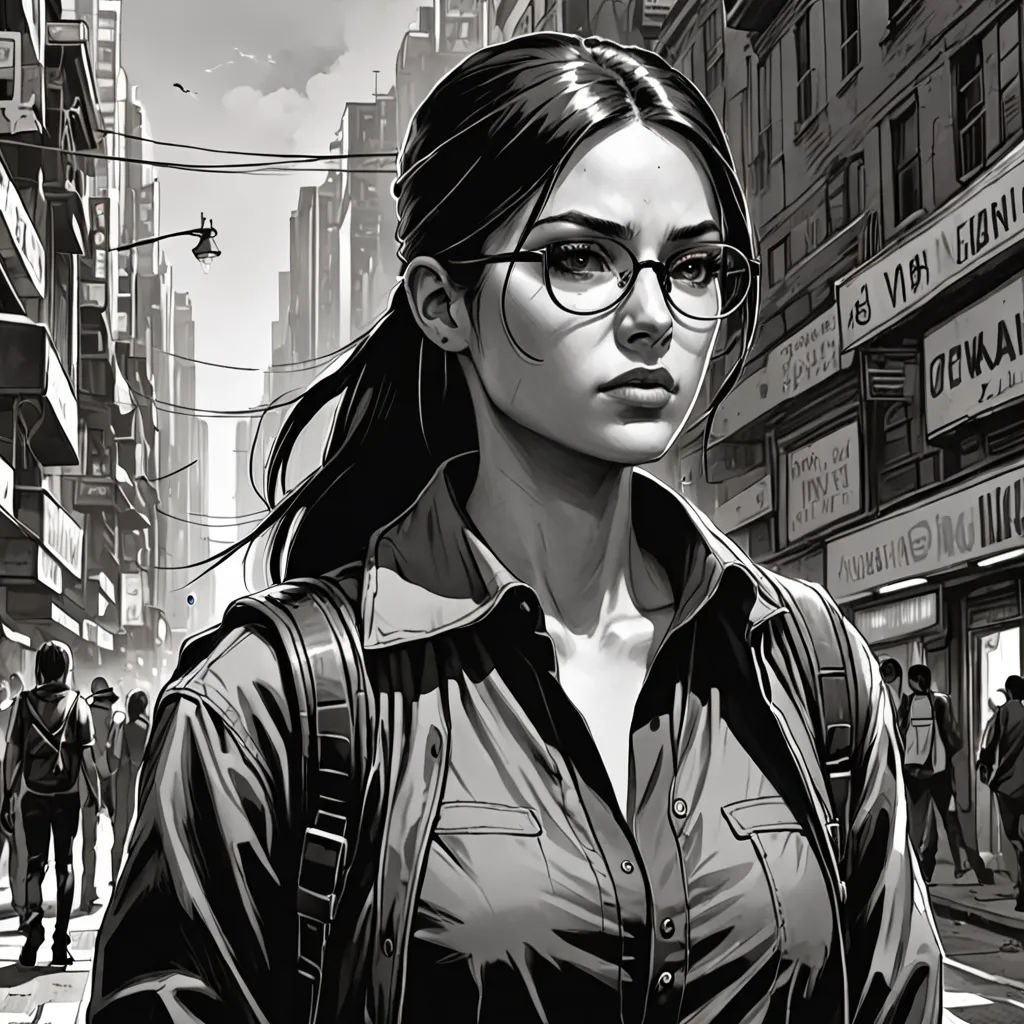 a woman with glasses is standing in the street in a city with people walking by and buildings in the background, Artgerm, bengal school of art, a character portrait, stanley artgerm lau