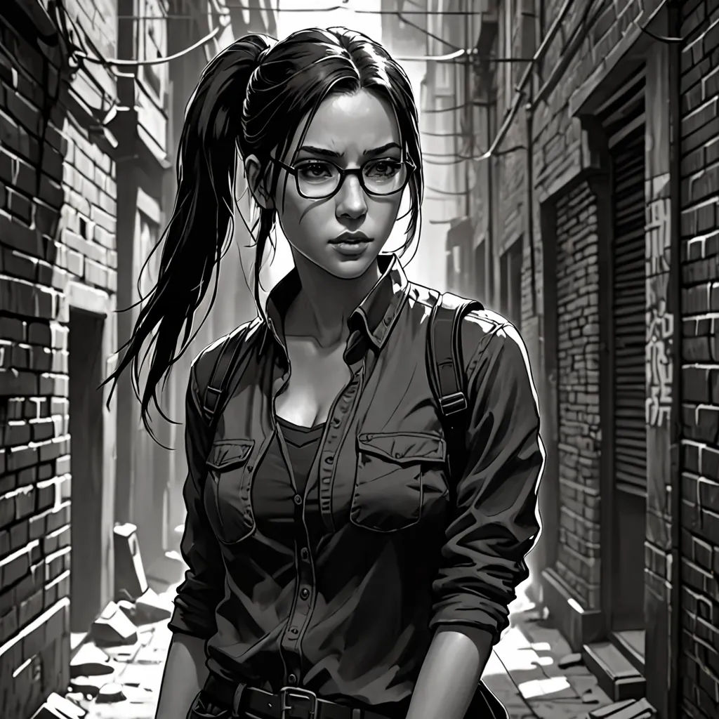 a woman in glasses is standing in a alleyway with a suitcase and a backpack on her back and a brick wall behind her, Artgerm, fantasy art, a character portrait, stanley artgerm lau