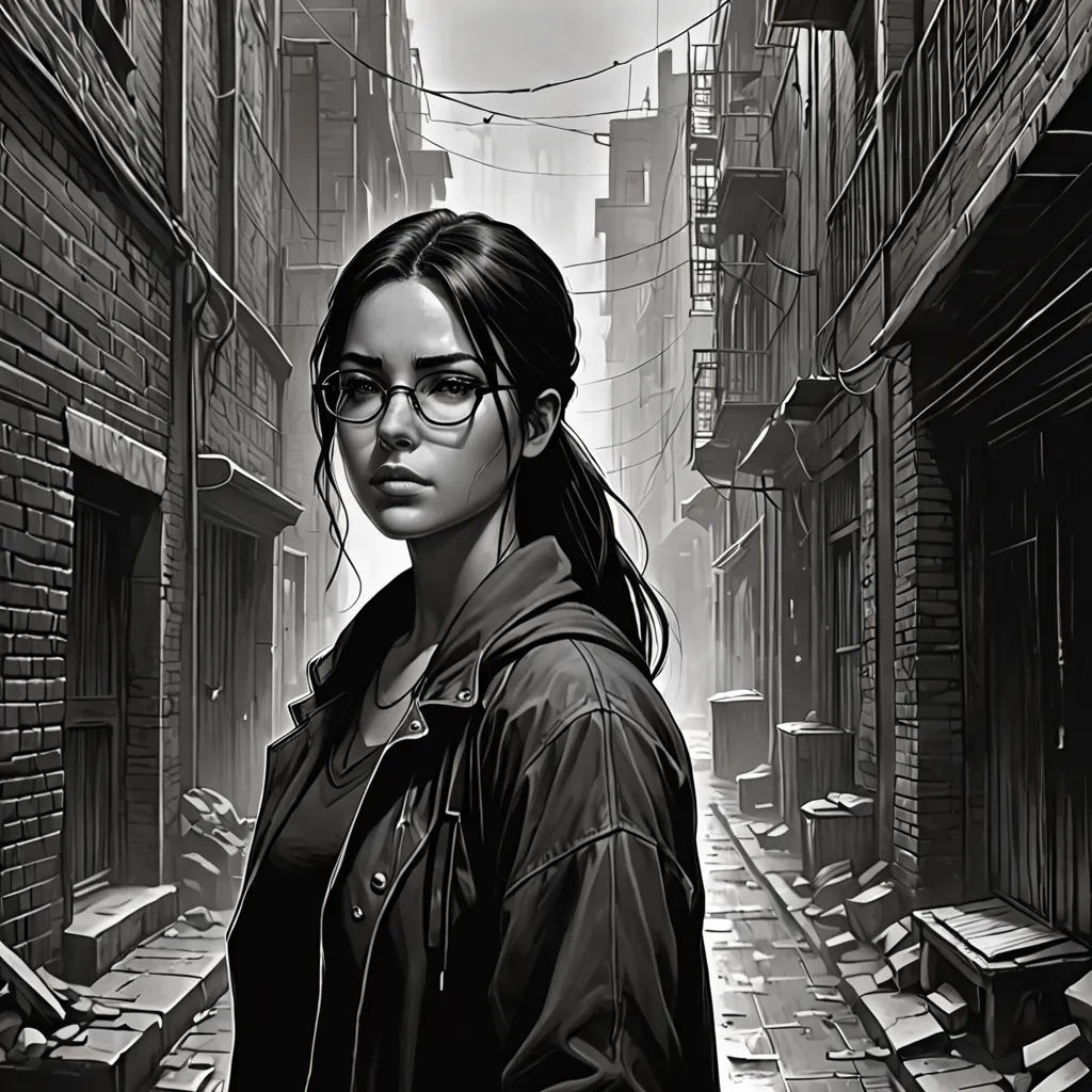 a woman in glasses standing in an alley way with a building in the background and a street light in the foreground, Cedric Peyravernay, photorealism, a character portrait, stanley artgerm lau
