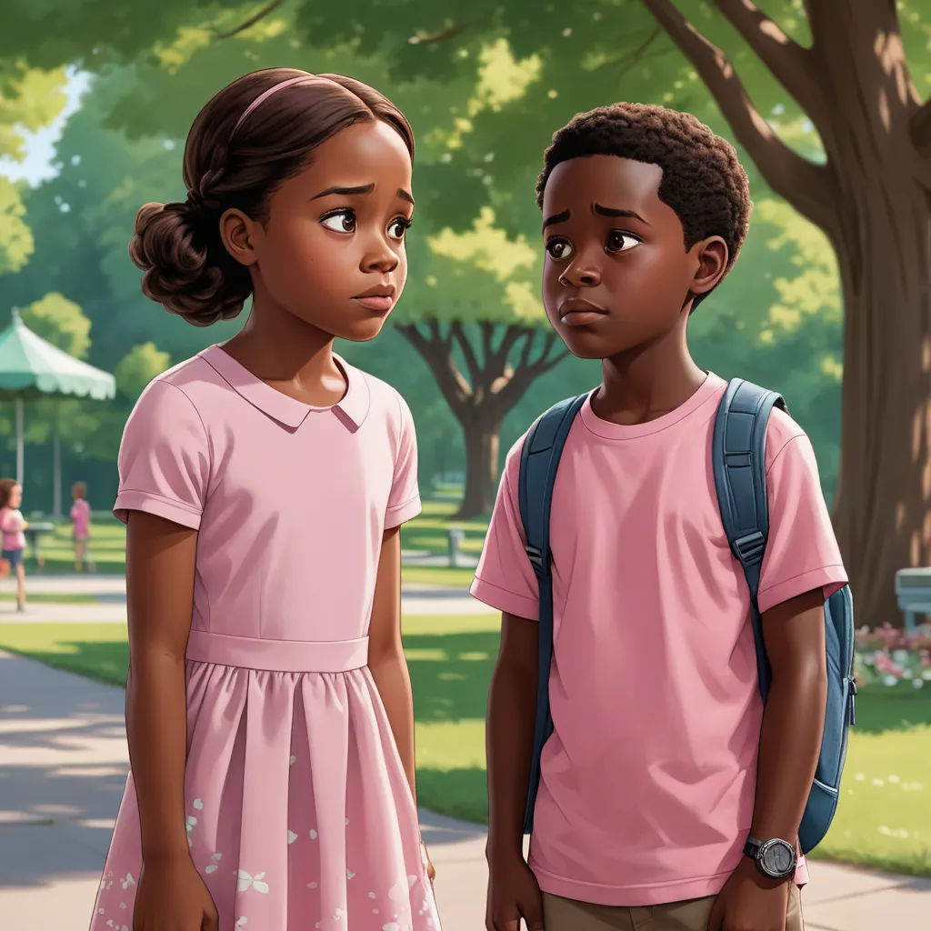 a couple of kids standing next to each other on a sidewalk in a park with trees and grass in the background, american scene painting, a storybook illustration, Felix-Kelly, official art