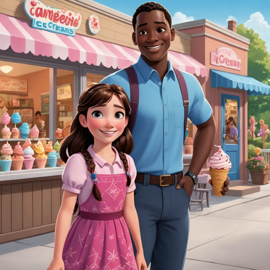 a man and a little girl standing in front of a ice cream shop with a man in a blue shirt, american scene painting, a poster, disney, official art