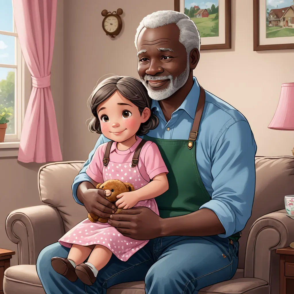 a man holding a little girl while sitting on a couch in front of a window with a teddy bear, american scene painting, a storybook illustration, Elinor Proby Adams, storybook illustration
