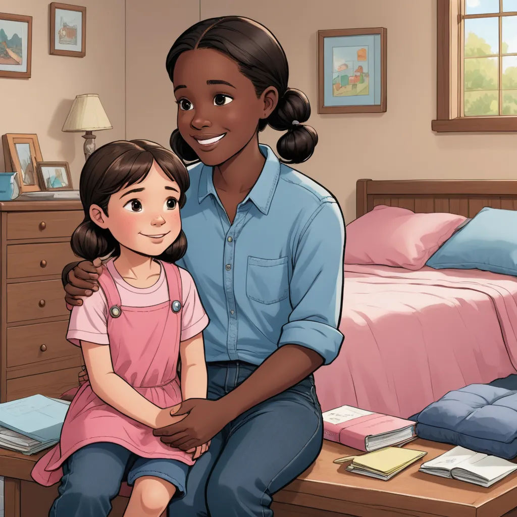 a woman and a girl sitting on a bed in a bedroom with a pink bed spread and a wooden dresser, american scene painting, a storybook illustration, Ella Guru, official art