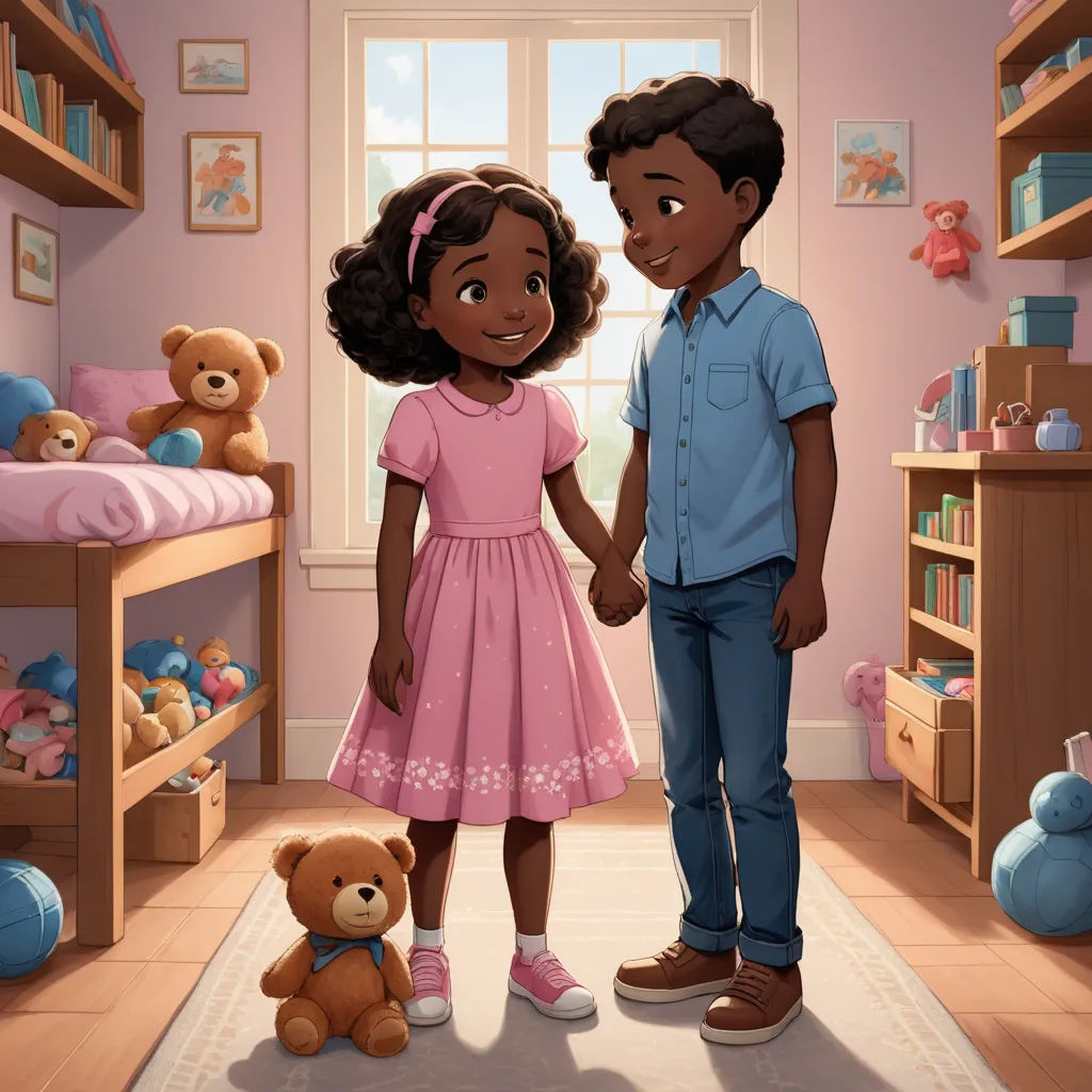a couple of kids standing next to each other in a room with teddy bears and a teddy bear on the floor, sots art, a storybook illustration, Chinwe Chukwuogo-Roy, storybook illustration