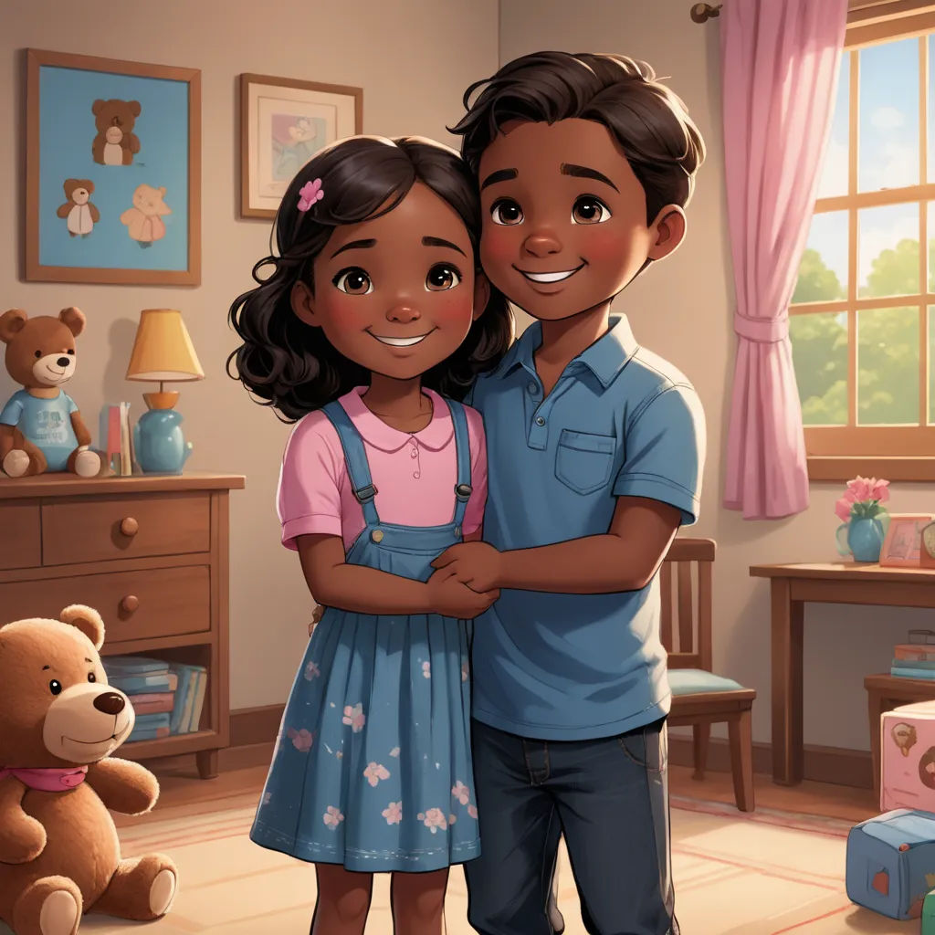 a cartoon of a boy and girl hugging in a room with teddy bears and a teddy bear on the floor, american scene painting, a storybook illustration, Chris LaBrooy, official art