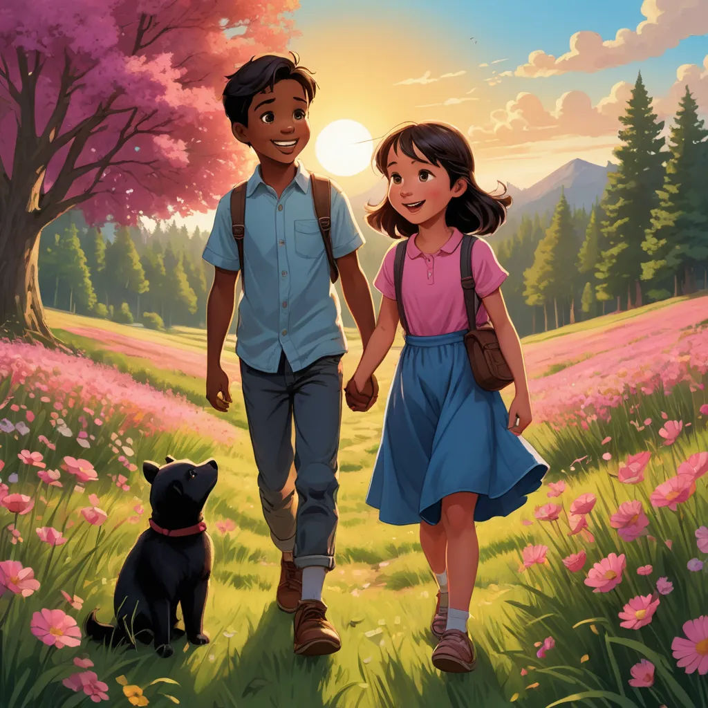 a boy and a girl walking through a field with a dog in front of them and a dog on the ground, american scene painting, a storybook illustration, Bhupen Khakhar, official art
