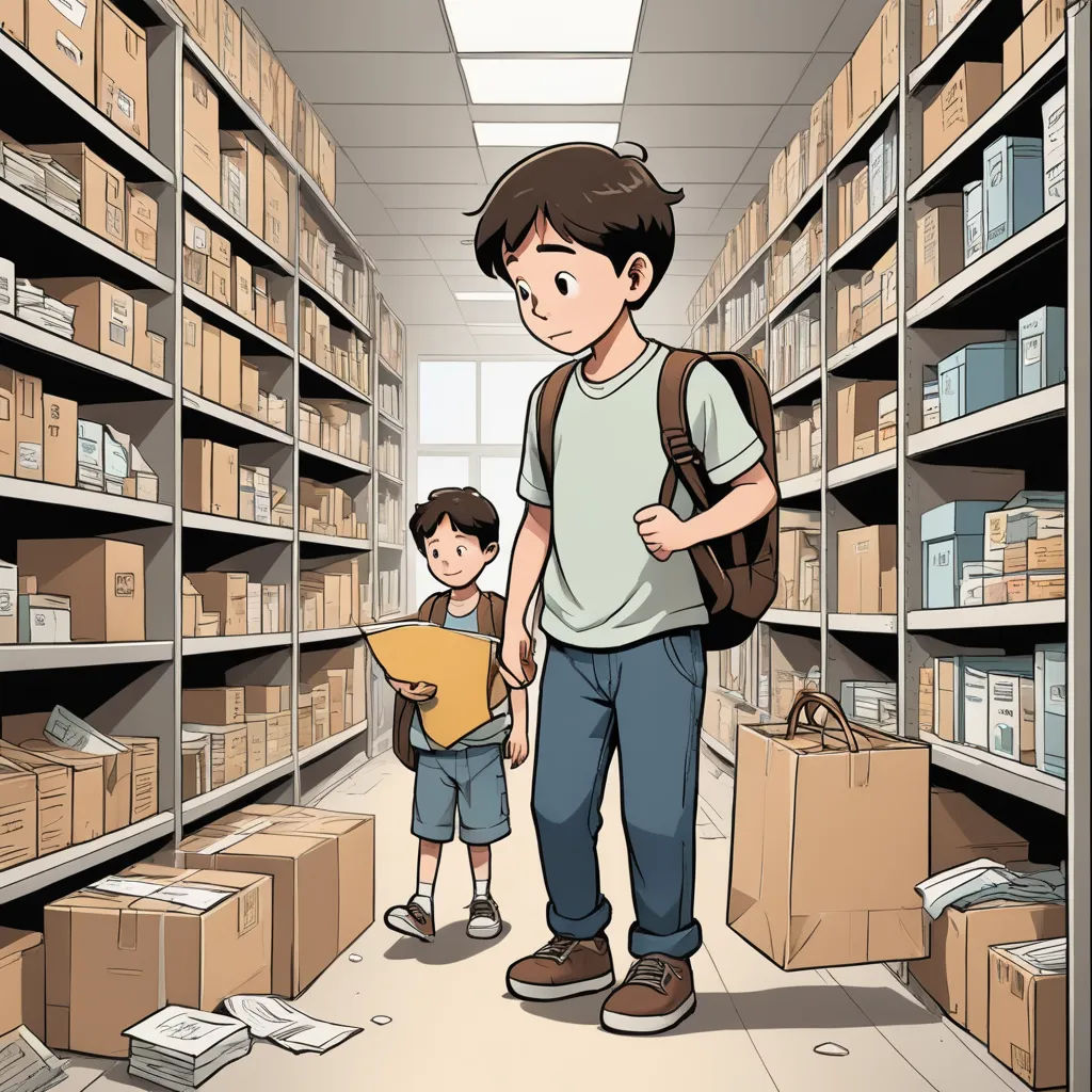 a man and a boy are standing in a library with boxes and boxes on the shelves and a man is looking at a clipboard, underground comix, a storybook illustration, Asaf Hanuka, graphic novel