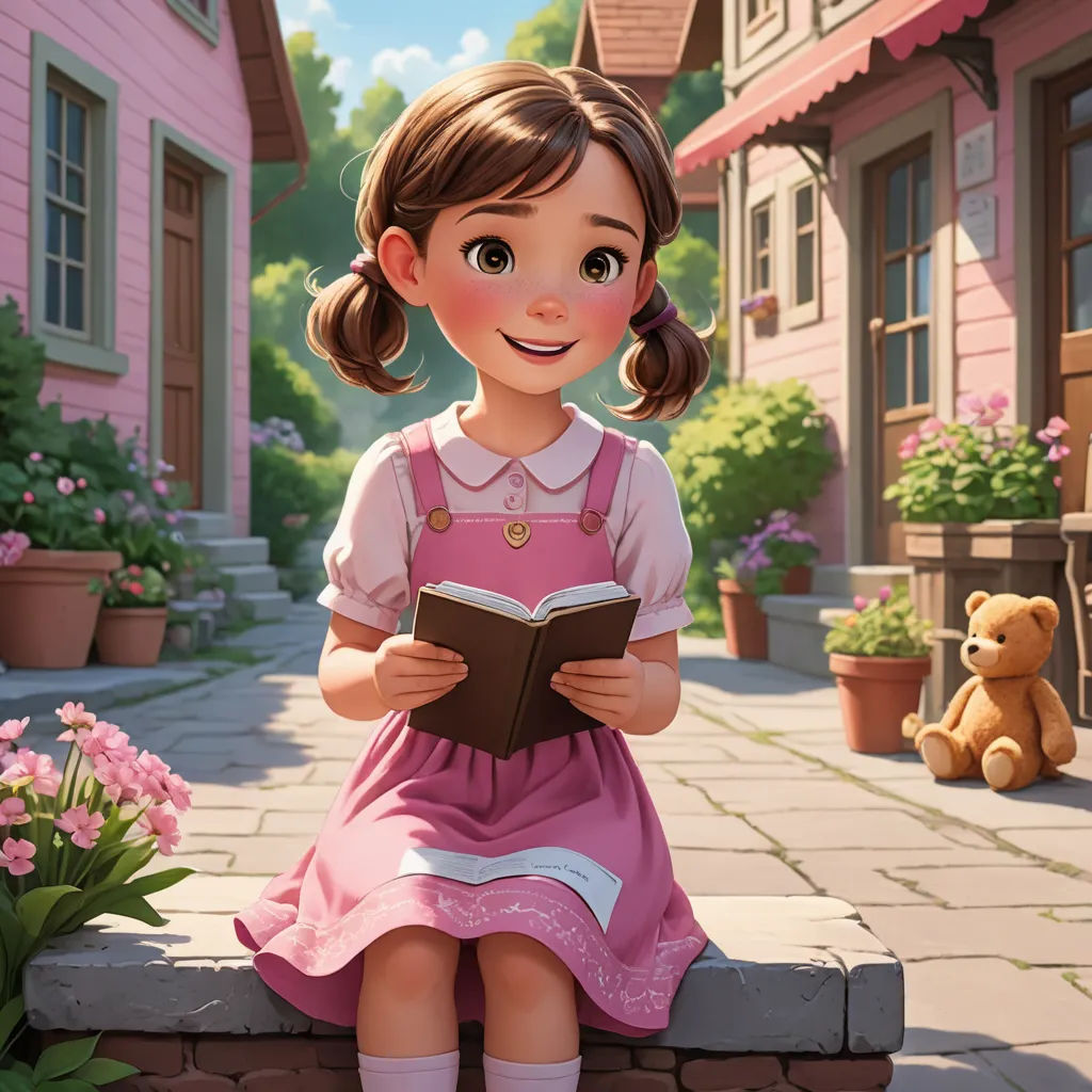 a little girl sitting on a brick bench reading a book in front of a pink house with a teddy bear, american scene painting, a storybook illustration, Clarice Beckett, storybook illustration