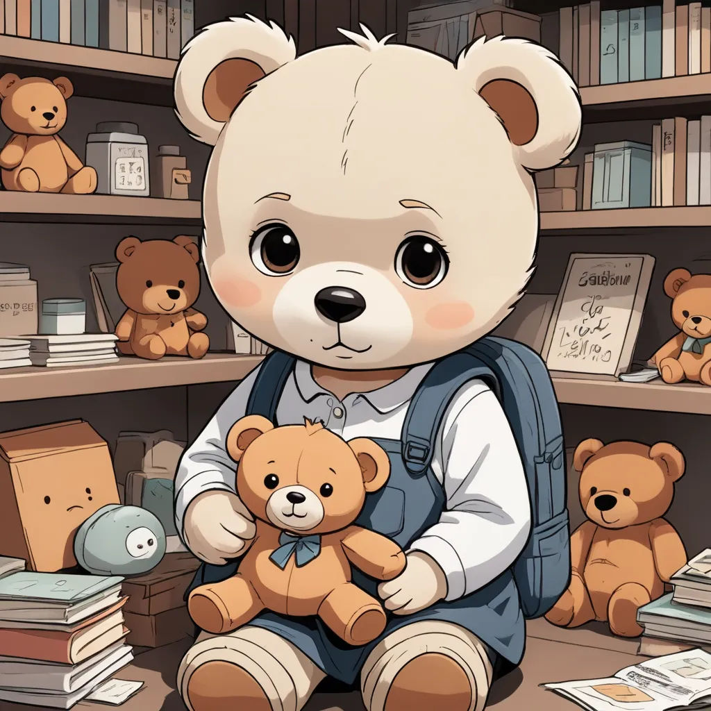 a teddy bear sitting on the floor with a bunch of books in the background and a teddy bear sitting on the floor, furry art, a character portrait, Anson Maddocks, official art