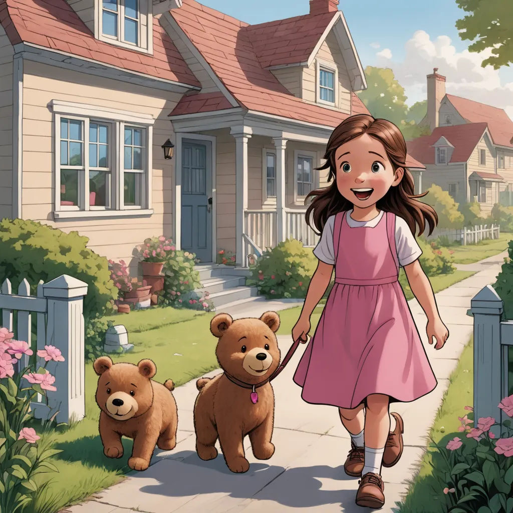 a girl walking two teddy bears down a sidewalk in front of a house with a picket fence and flowers, american scene painting, a storybook illustration, Bob Byerley, storybook illustration