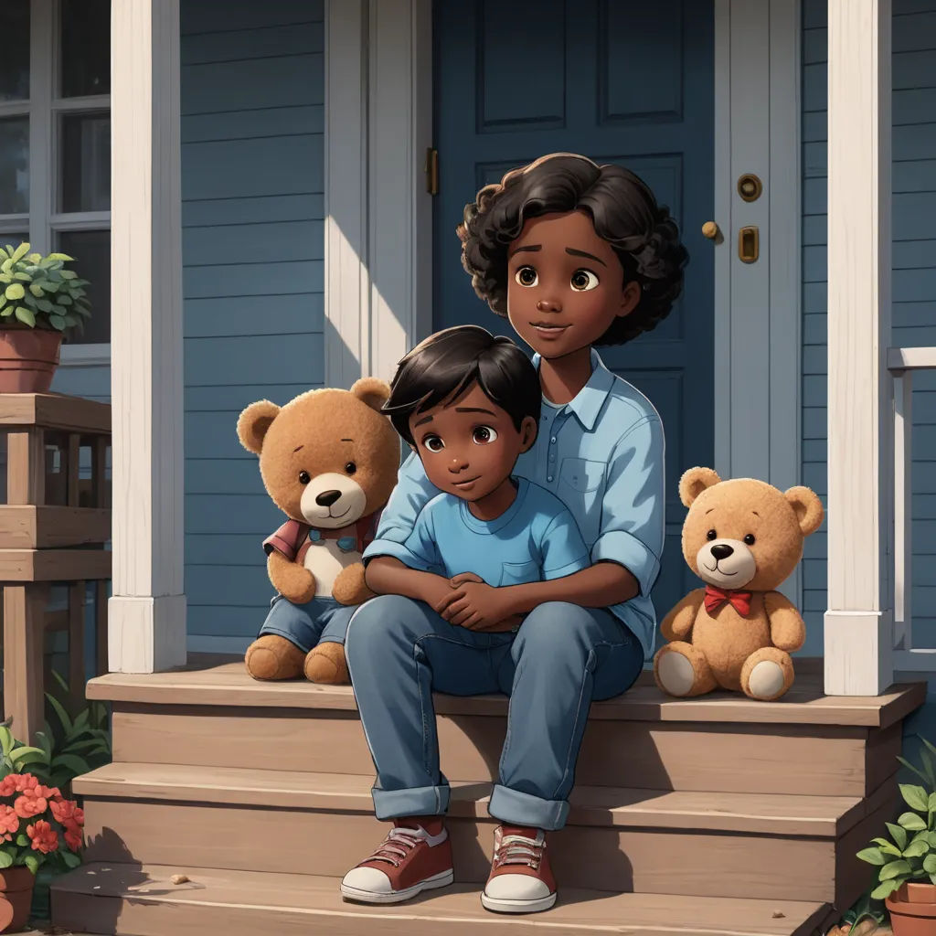 a woman and two children sitting on a porch with teddy bears on the steps of a house with blue doors, american scene painting, a storybook illustration, Chris LaBrooy, promotional image