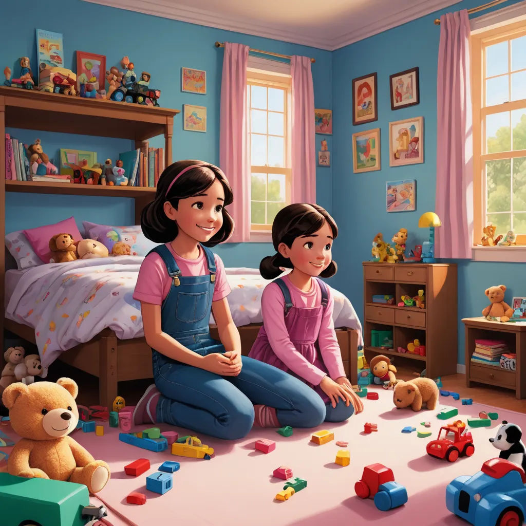 a painting of two girls playing with toys in a bedroom with a teddy bear and a bed with pink walls, american scene painting, a storybook illustration, disney, official art