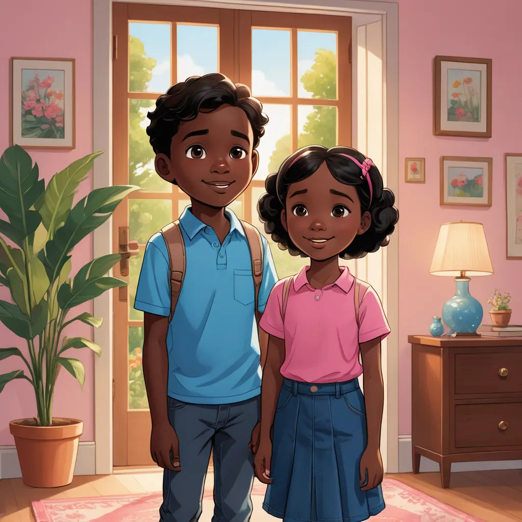 a couple of people standing in a room next to a plant and a door with a window on it, american scene painting, a storybook illustration, Chris LaBrooy, official art