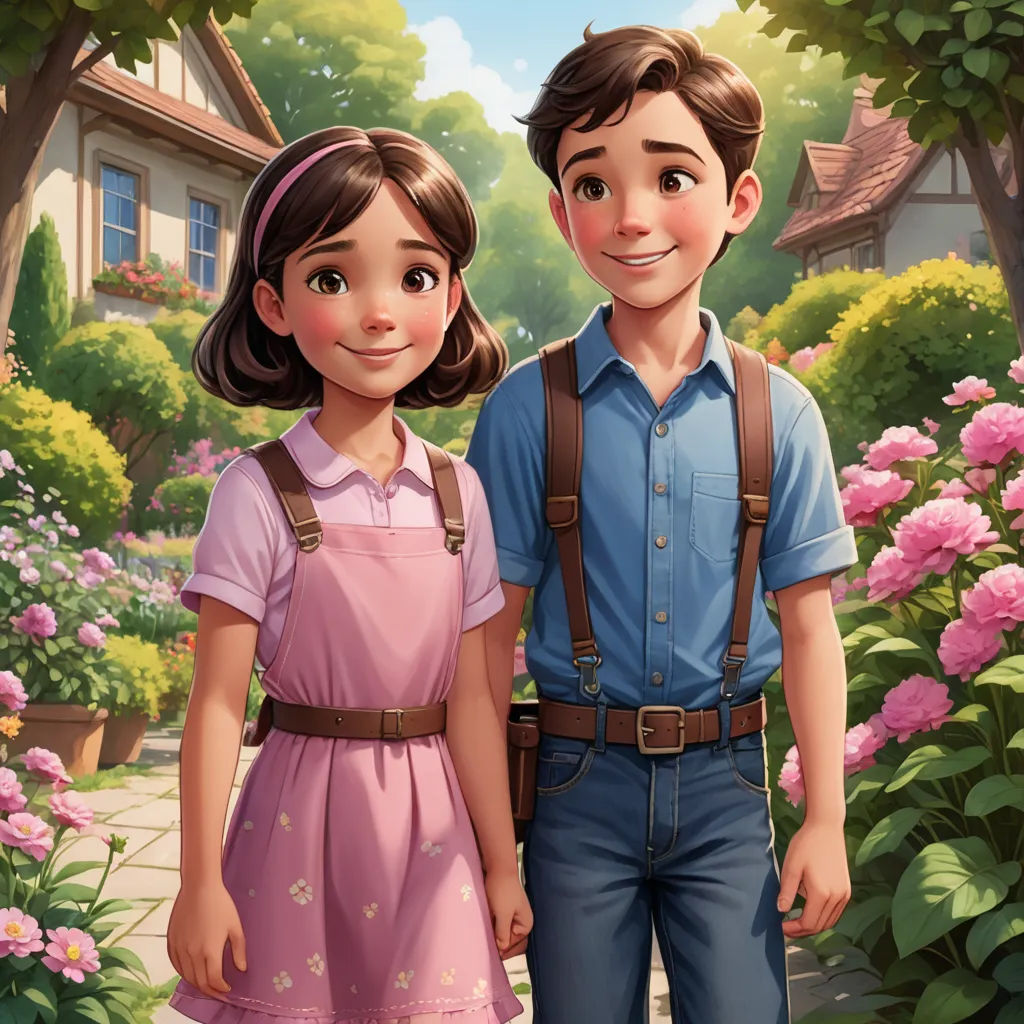 a boy and a girl standing in front of a garden with flowers and a house in the background with a pink flower, american scene painting, a storybook illustration, Ada Gladys Killins, kinkade