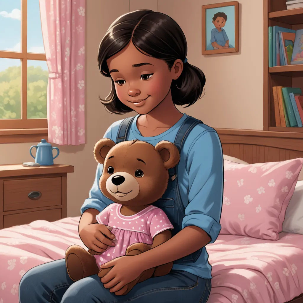 a girl sitting on a bed holding a teddy bear in her arms and smiling at the camera with a pink bed in the background, american scene painting, a storybook illustration, Clarice Beckett, storybook illustration
