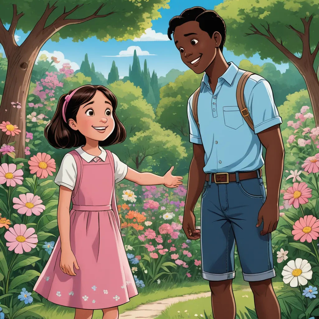 a man and a little girl standing in a field of flowers and trees with a man pointing at them, harlem renaissance, a storybook illustration, Ella Guru, official art