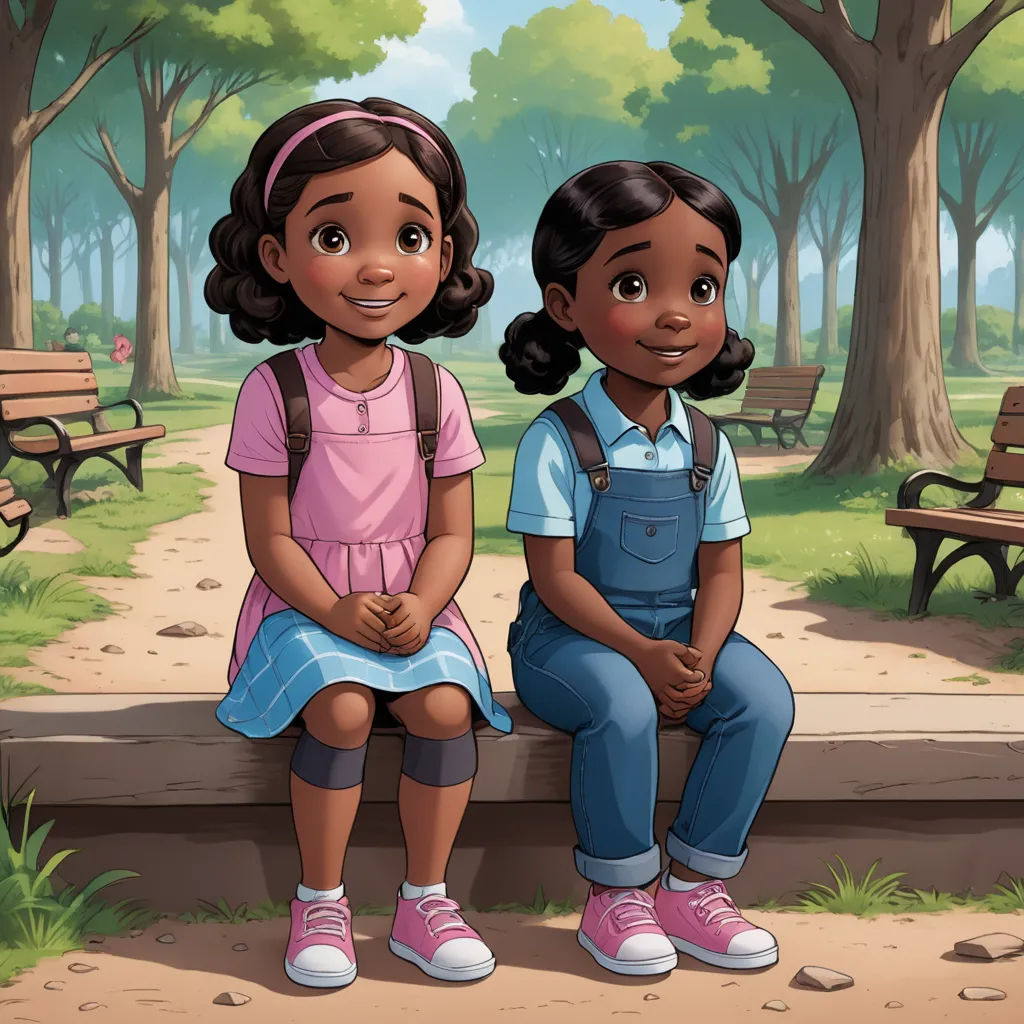 two children sitting on a bench in a park with benches in the background and trees in the foreground, magical realism, a storybook illustration, Felix-Kelly, official art
