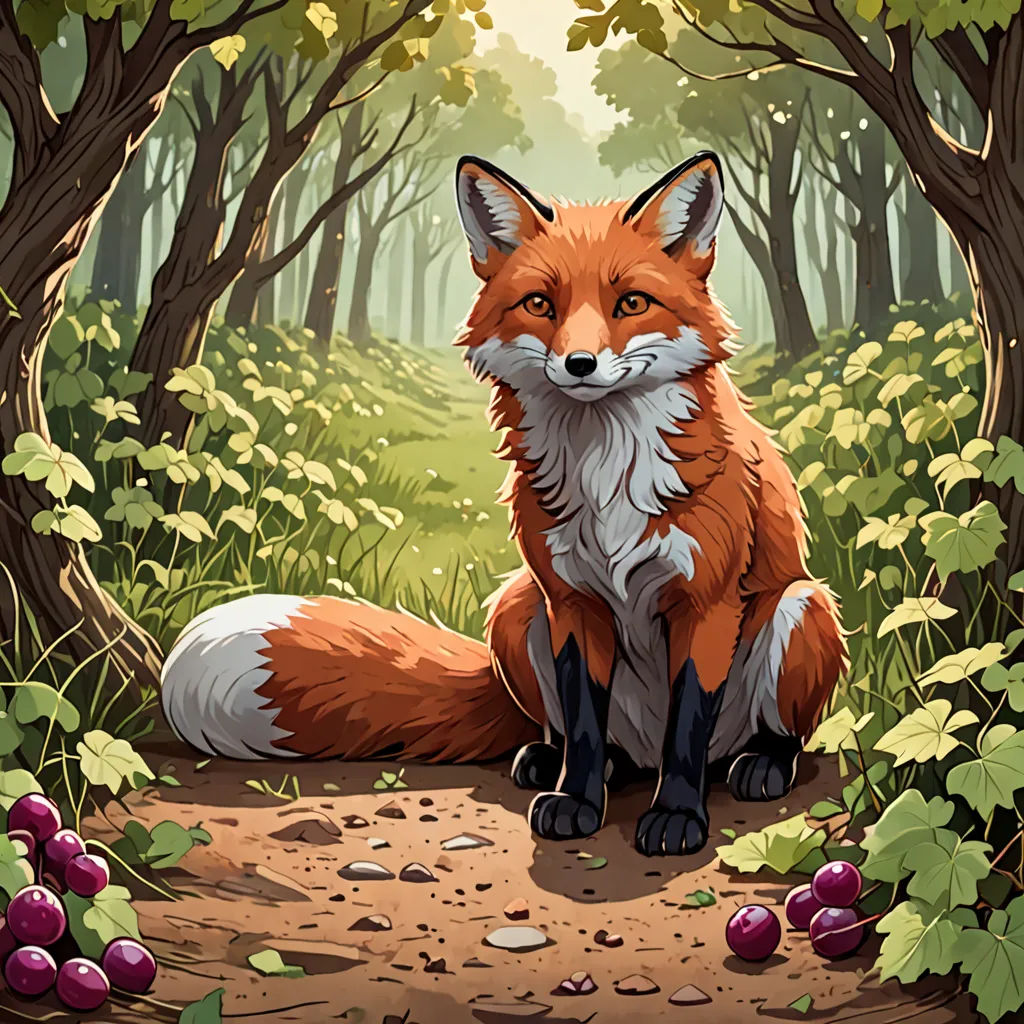 a red fox sitting in the middle of a forest with berries on the ground and trees around it,, furry art, a storybook illustration, Dan Mumford, official art
