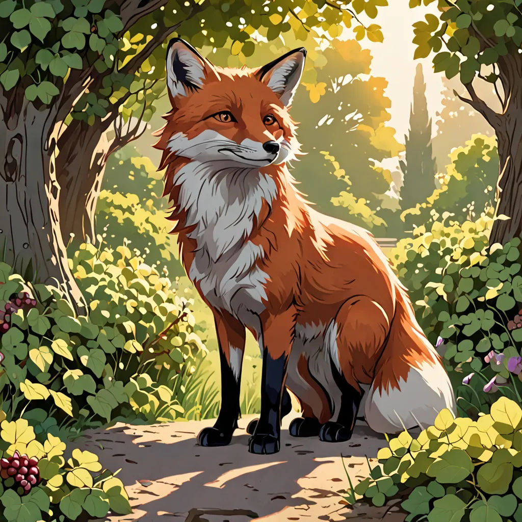 a red fox sitting in a forest with trees and flowers around it's edges and a path leading to it, furry art, a storybook illustration, Dan Mumford, official art