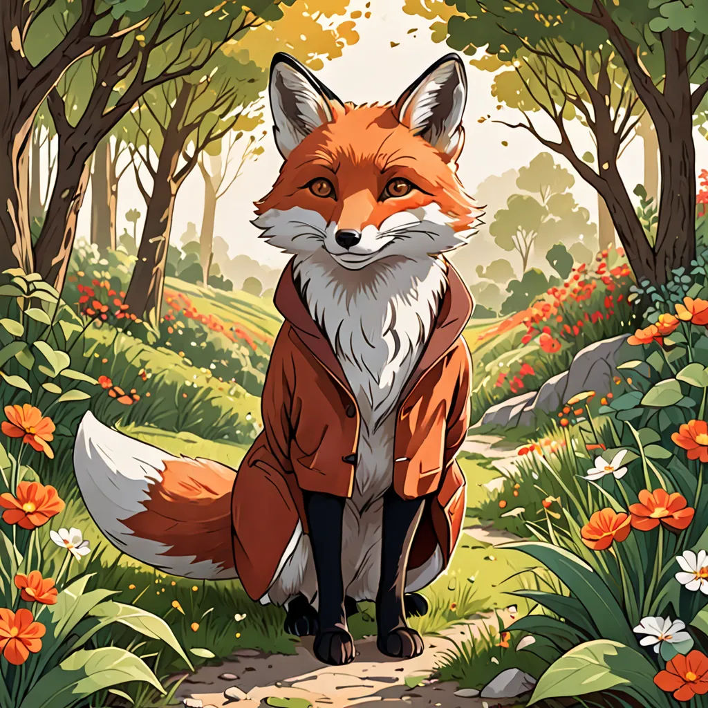 a fox in a red jacket is standing in a forest with flowers and trees on the ground and a path leading to the woods, furry art, a character portrait, Dan Mumford, official art