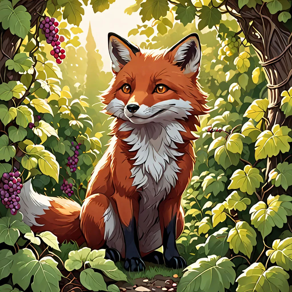 a red fox sitting in a forest with grapes on the vine vine trees and leaves around it, looking at the camera, furry art, a character portrait, Dan Mumford, official art