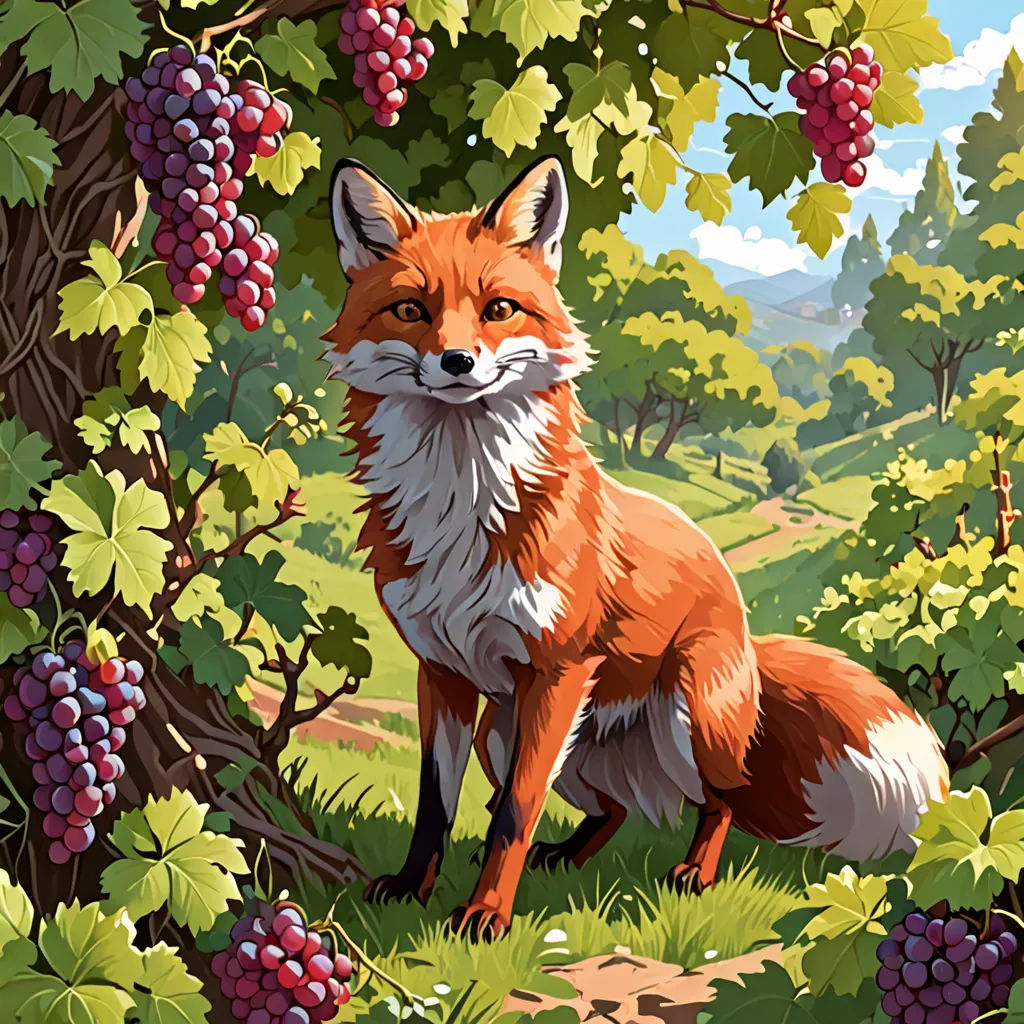 a painting of a fox in a forest with grapes on the tree branches and a path leading to it, furry art, a storybook illustration, Chris LaBrooy, furaffinity