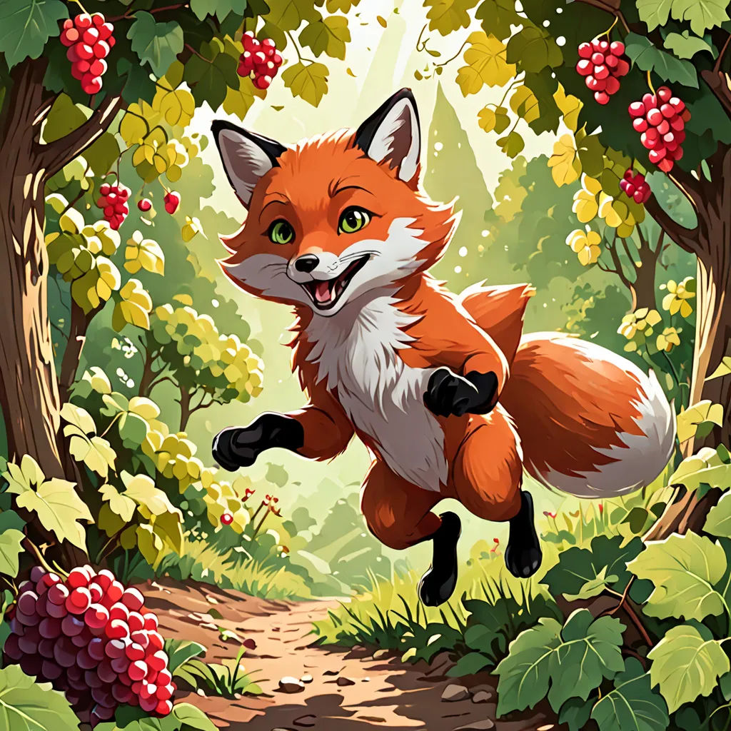 a red fox running through a forest with berries on the ground and trees in the background, with a trail running through the forest, furry art, a storybook illustration, Chris LaBrooy, official art
