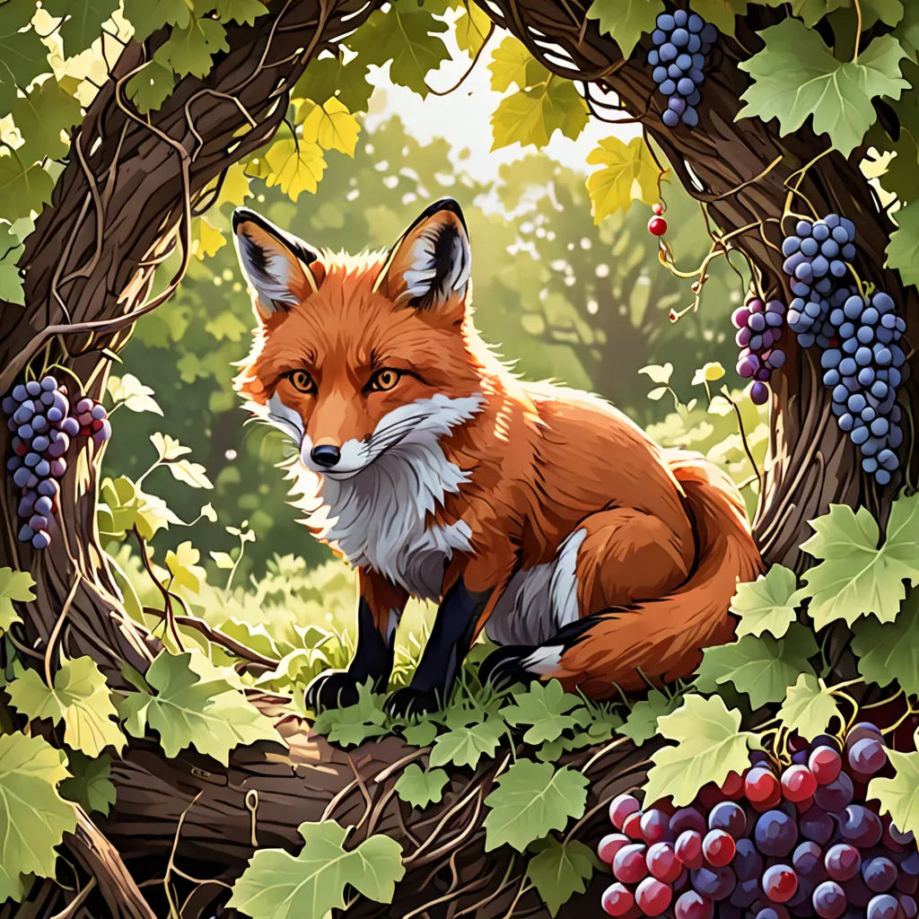 a painting of a fox sitting in a forest surrounded by grapes and grapes on a branch with leaves and berries, furry art, a storybook illustration, Chris LaBrooy, official art