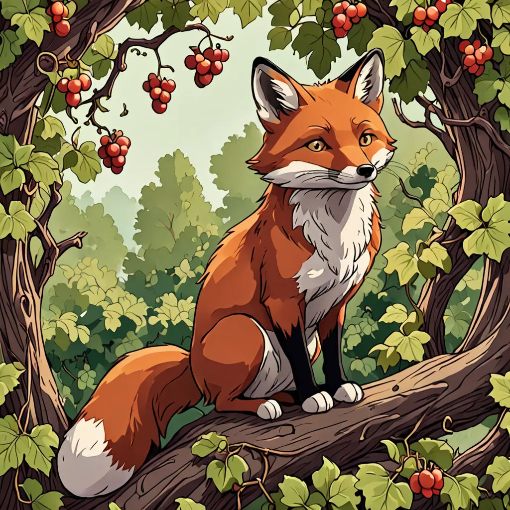 a fox sitting on a tree branch in a forest with berries on it's branches and berries on the tree, fantasy art, a storybook illustration, Dan Mumford, red