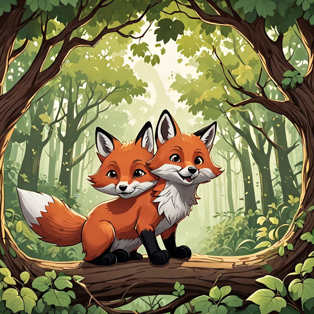 two foxes sitting on a log in a forest with green leaves and trees around them, looking at the camera, furry art, a storybook illustration, Dan Mumford, official art