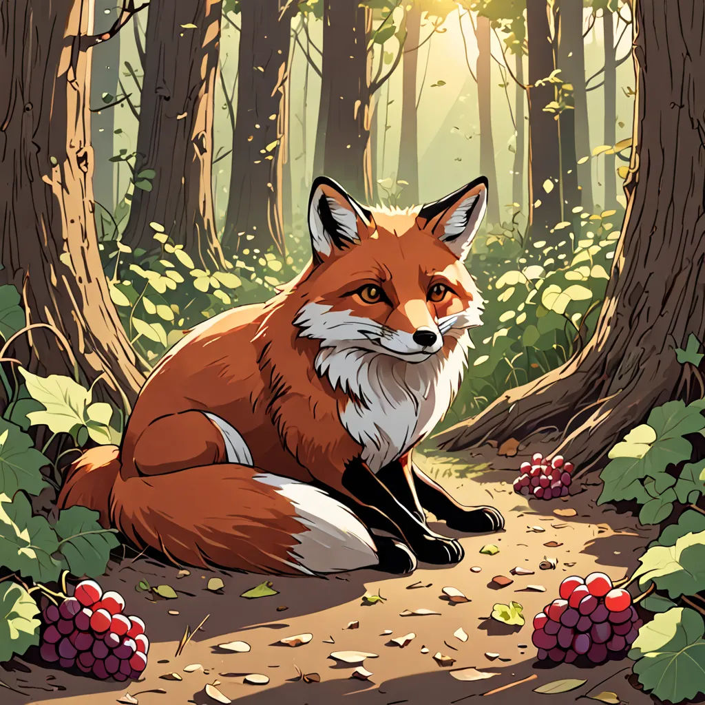 a red fox sitting in the woods with berries on the ground and trees in the background, with sunlight shining through the trees, furry art, a storybook illustration, Dan Mumford, official art
