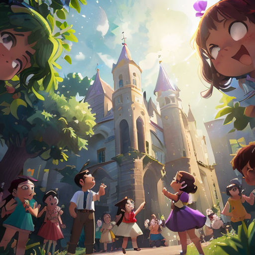 a group of children standing in front of a castle with a princess on it's back ground and a man in a white shirt and tie