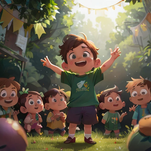 a boy standing in front of a group of children in a forest with a ball in the air and a string of lights above him