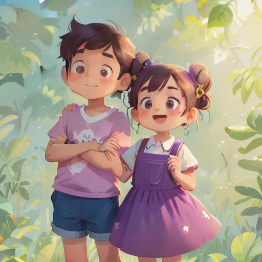 a couple of kids standing next to each other in a forest with leaves on the ground and a sky background