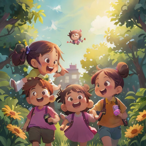 a group of children standing in a forest with a monkey flying above them and a girl holding a bottle