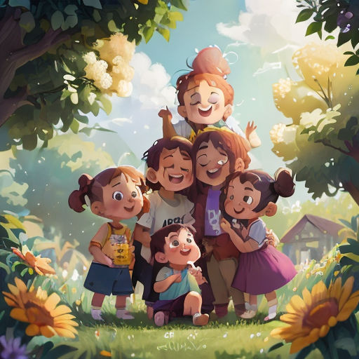 a group of children standing in a field with sunflowers and trees in the background, with a man and woman standing behind them
