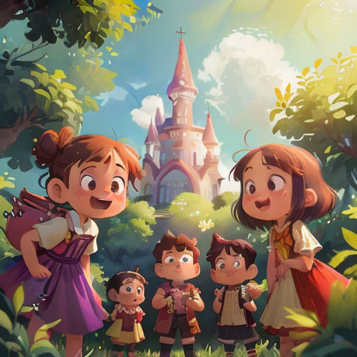 a family of five standing in front of a castle in the woods with a castle in the background and a person holding a child's hand