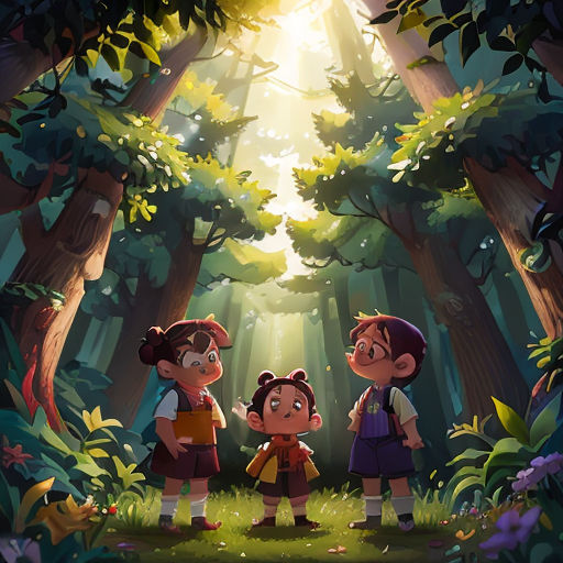 three children standing in the middle of a forest with sunlight coming through the trees and leaves on the ground