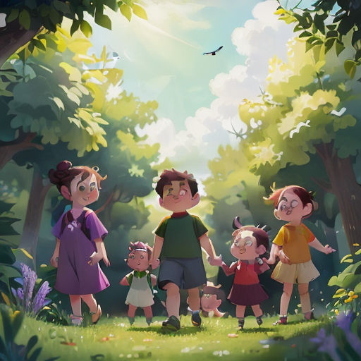 a family of five walking through a forest together with a bird flying overhead in the sky above them,